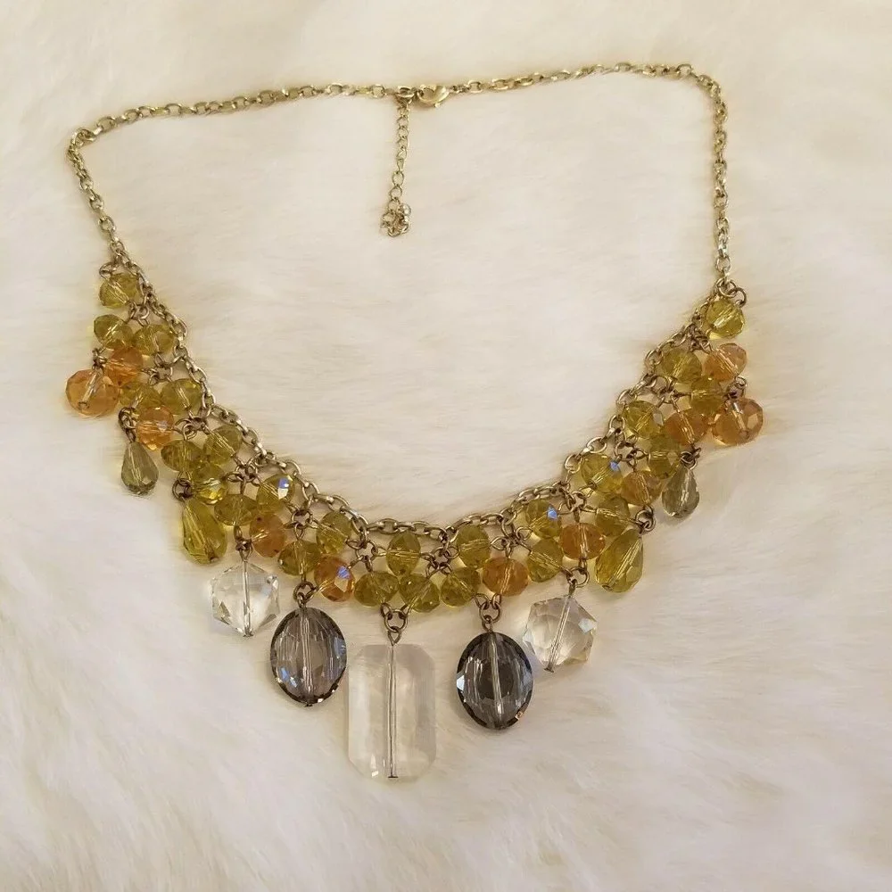 Victorian Regency Glass Bib Necklace Green Gold Tone Festival‎ Gypsy Chunky 2366